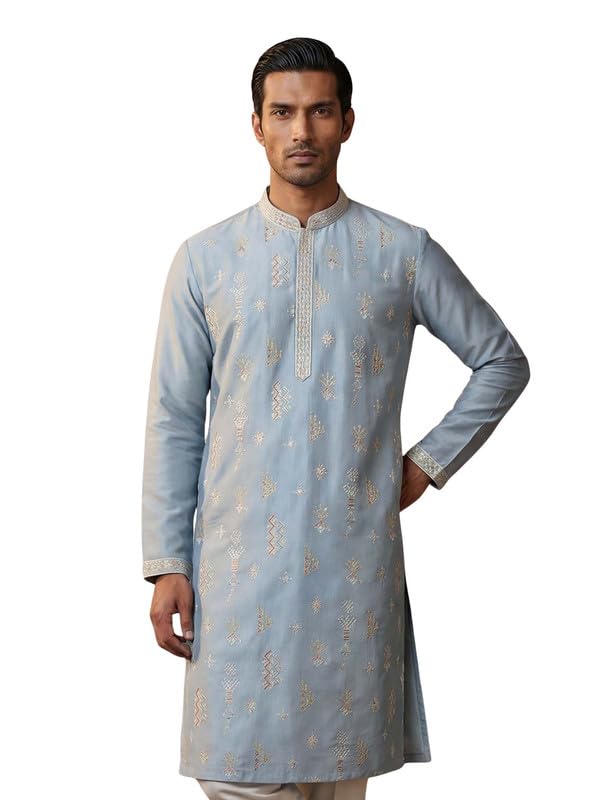ethnic bay Men's Blue Silk Blend Embroidered Solid Calf Length Kurta Sets | Men | Solid Kurta Set For MenS | Straight Fit Kurta Set's For Men'S (MKSET2141, S)-picture-44