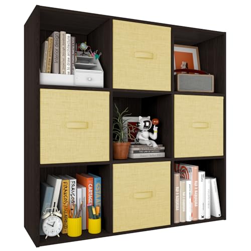 PrimeZone Stackable 9 Cube Storage Organizer: Wood Cubes Shelf Fits Cubby Bins - Square Cubicle Bookshelf Cabinet for Closet Bedroom - Open Storage Shelf for Toy Clothes Book Organization Espresso