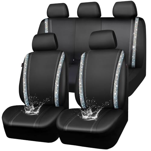 Image of CAR PASS Bling Diamond Car Seat Cover Full Set, Shining Rhinestone Waterproof Leather, Rear with Zipper, Universal Fit 95% Automotive Glitter Sparkle Crystal for Cute Women Girl, Colorful Diamond