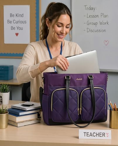 Image of LOVEVOOK Lunch Tote Bag for Women, 2-in-1 Work Bag with Insulated Lunch Compartment, 15.6 Inch Large Capacity Laptop Tote with Cup Holder for Teacher, Nurse, Office, Outdoors, Purple