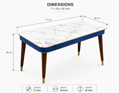 Image of WOODEN SPACE 6-Seater Wooden Dining Table Set | Nano Composite Marble Top | Solid Wood Base | Modern Dining Room Furniture with 6 Chairs (Blue 2)