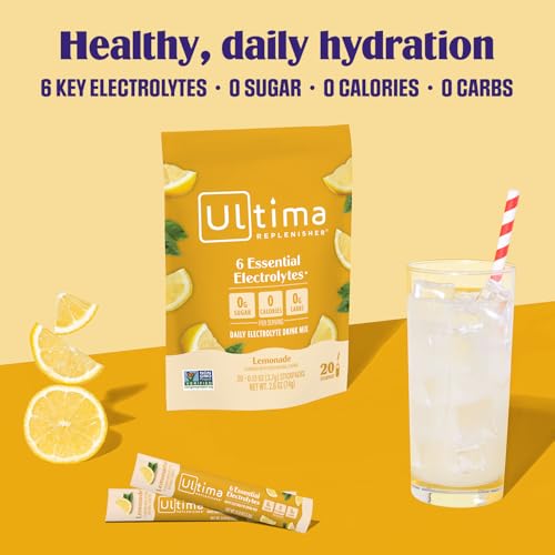 Ultima Replenisher Daily Electrolyte Powder – Lemonade, 20 Stickpacks – Zero Sugar Hydration Packets with 6 Electrolytes and Minerals – Sugar Free, Plant Based & Keto Friendly Drink Mix