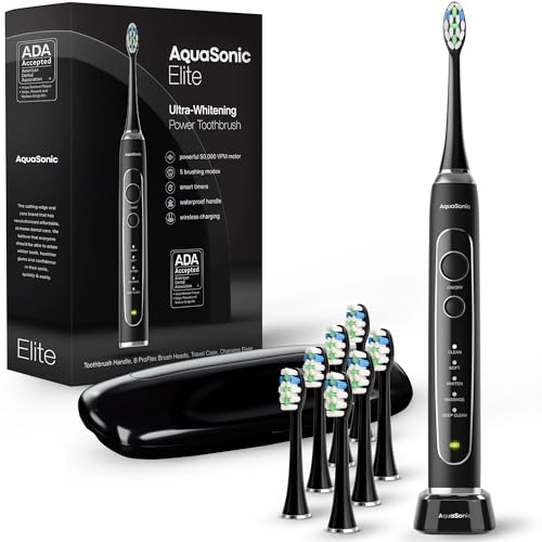Image of Aquasonic Elite Ultra-Whitening Toothbrush - ADA Accepted Power Toothbrush - 8 Proflex Brush Heads & Travel Case - 50,000 VPM Motor & Wireless Charging - 5 Modes w Smart Timer (Black)