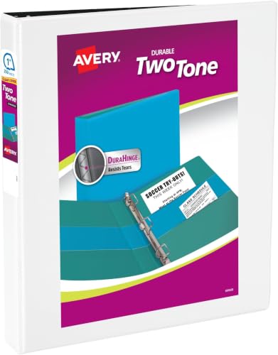 Image of Avery Two-Tone Durable View 3 Ring Binder, 1 Inch Slant Rings, White /Black Binder (17286) (Pack of 6)
