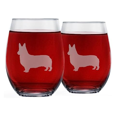 Corgi Stemless Wine Glasses (Set of 2) | Unique Gift for Dog Lovers | Hand Etched with Breed Name on Bottom Cover