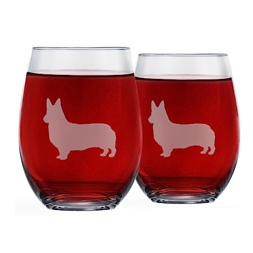 Corgi Stemless Wine Glasses (Set of 2) | Unique Gift for Dog Lovers | Hand Etched with Breed Name on Bottom