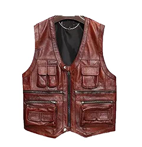 Gilet sans manches en cuir de vache pour homme grande taille 6XL rouge profond