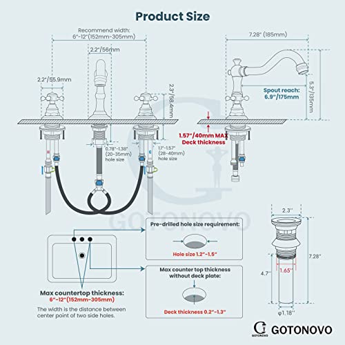 Gotonovo Matte Black Bathroom Sink Widespread Faucet Mixing Tap Deck Mount Double Cross Knobs 3 Hole With Pop Up Drain thumb #7
