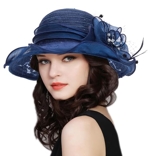 Kentucky-Fascinator Organza-Hat for Women Derby-Church-Wedding Sun-Cap for Tea-Party-Summer-Protection Flower-Wide-Brim-Hats Navy