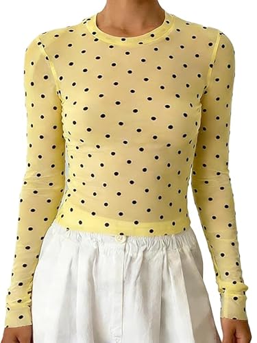 Image of Acrawnni Women Polka Dot Sheer Mesh Top Y2K Crew Neck Long Sleeve See Through Top (A-Light Yellow, L)