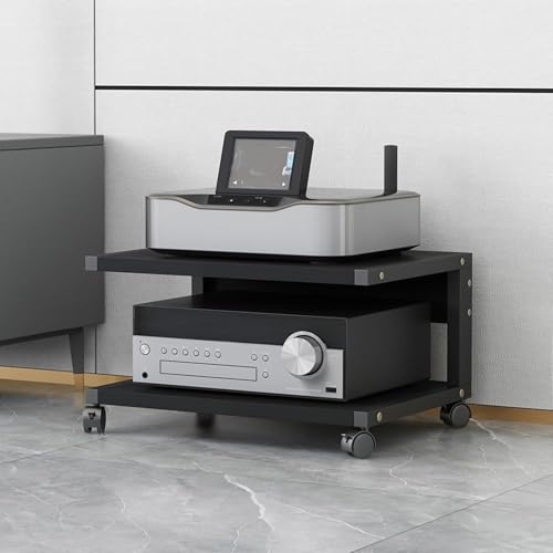 Meuble HiFi,Meubles Multimedia AV avec roulettes,étagères Audio-vidéo à 2 Niveaux,Petit Meuble Rangement en Bois,Supports Stéréo, Meuble Imprimante,pour...