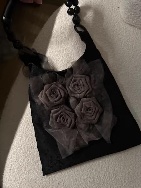 Retro Chinese Style Rose Blossom Tote Bag - Large Capacity Pleated Shoulder Handbag for Commuting(Black)4