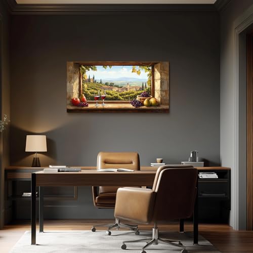 crmotu Vineyard Large Wall Art, Faux Window Canvas Prints of Wine Country, Grape Farms Beyond the Vintage Windowsill, Rustic Dining Room Kitchen Wall Decor, Restaurant Home Bar Decoration 20x40 Inch