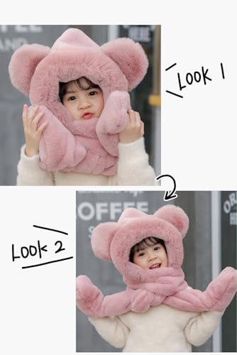 Kids Winter Plush Beanie Hat Scarf Gloves 3 in 1 Set Warm Cute Faux Fur Long Hoodie Earflap Scarf Mitten Gift for Girl Boy2