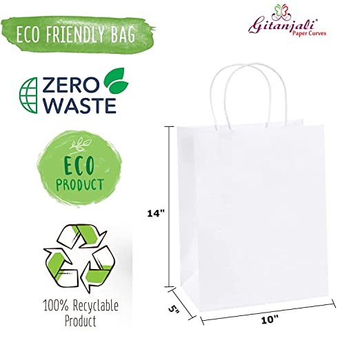 Image of RanGit Bhumi Gift Bags- White Paper Bags for Return Gifts- Medium Shopping Retail Paper Carry Bags, Party Favor Gifting Covers, Disposable, Recyclable (10x14x5 in White, Pack of 25)