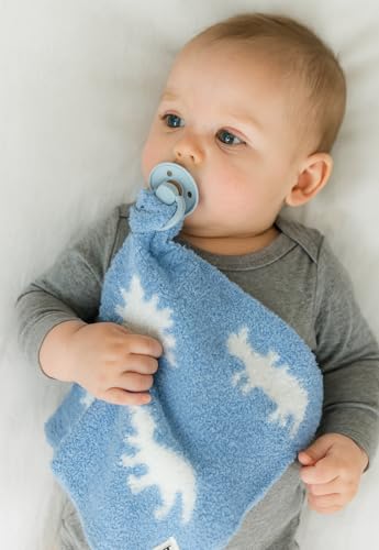 Image of L+L USA Dinosaur Baby Lovey Pacifier /Teether Holder 10 inchx10 inch - DreamSoft Plush Fluffy Cuddly Soothie Reversible Mini Comfort Blanket - Newborn Gift Essential Babies Boys Girls (Baby Blue /White)