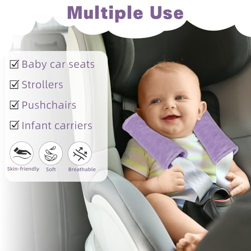 Image of GFU Car Seat Strap Pads for Baby, Soft Shoulder Pads for Comfort, Reversible Seatbelt Covers for Kids, Perfect for Baby Car Seat, Stroller, Swing, High Chair, Size: 6.5 x 6.5 inch, Purple