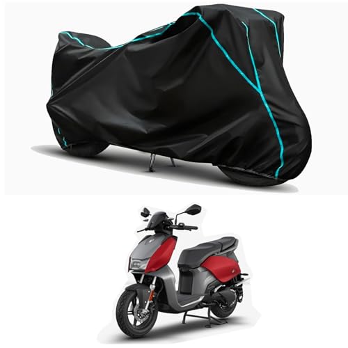 Image of Waterproof Bike Body Cover Compatible for | Hero Electric V1 Plus | Taffeta Fabric, Sky Piping Design, Bottom Elastic Fit | Dustproof, Sun UV & Rain Protection for All Weather.