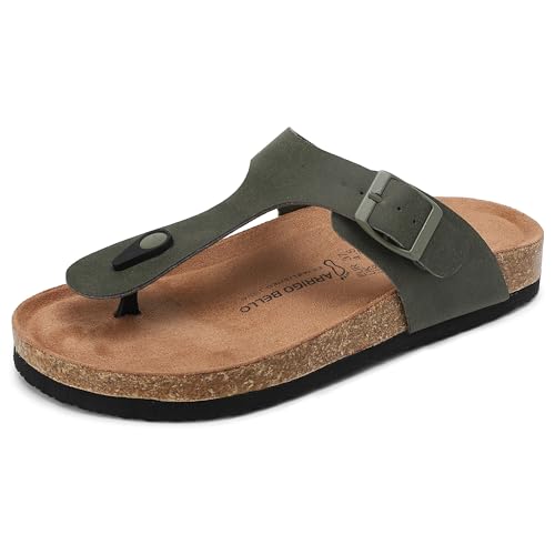 ARRIGO BELLO Damen Zehentrenner Pantoletten Natur Kork Leder Flip Flops Leicht Rutschfest Sommer Slip On Flach Sandalen Verstellbare Schnalle EU 36-46(D-Grün 39)
