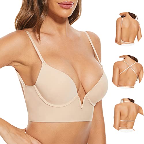 Low Back Bras-Seamless Deep-V Plunge Invisible Backless Bra-Underwire Lightly Lined Halter Multiway Low Cut Bra