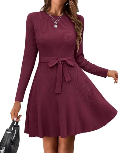 Hotouch Kleider Für Damen Langarm Strickkleid Elegant Midikleid Mit Gürtel Rundhals Pulloverkleid A-Linie Pullikleid Für Herbst Und Winter Weinrot...