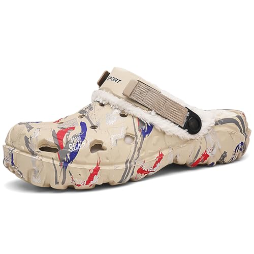 NUTTOPL Hausschuhe Herren Damen Herbst Und Winter Slipper Memory Foam Hausschuhe Schlafzimmerschuhe Gartenschuhe Warme Plüsch Gefütter Rutschfest Sohle Kaki 44 EU