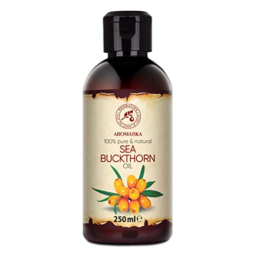 Aceite de Espino Amarillo 250ml - Prensado en Frío - Aceite de Hippophae Rhamnoides - 100% Puro y Natural - Botella de Cristal - Cuidado Intensivo para Rostro - Cabello - Piel - Cuidado Corporal