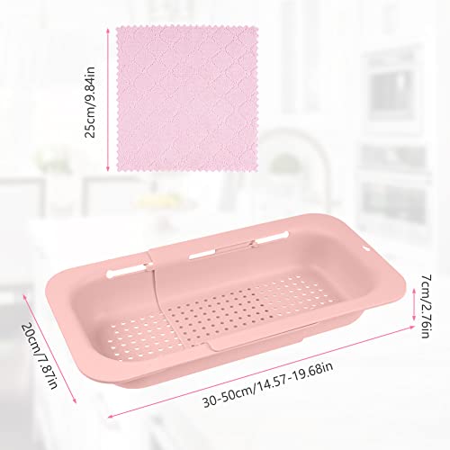 Auauy Over The Sink Colander Strainer Basket, Extendable Kitchen Sink Strainer Basket, Non Bpa Adjustable Retractable Plastic Colander With 2 Rag, Wash Vegetables And Fruits, Drain Cooked Pasta-Pink #TOP5