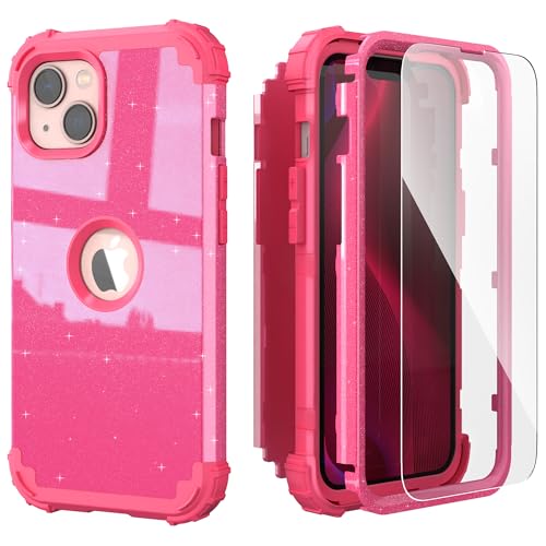 IDweel for iPhone 15 Plus Case with Screen Protector, 3 in 1 Shockproof Slim Fit Hybrid Heavy Duty Hard PC Cover Soft Silicone Bumper Full Body Case (Glitter Rose Red)