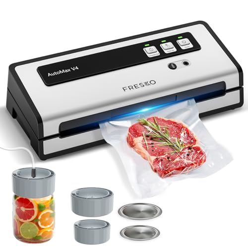 FRESKO Envasadora al vacío automática, doble sellado térmico, modo seco/húmedo, manejo con una sola mano, con 10 bolsas precortadas y juego de tapas para frascos