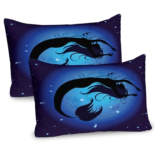 Ambesonne Mermaid Pillow Sham Set of 2, Silhouette of Aquatic Girl on Moon Sky Background Fictional Print, Quality Microfiber Bedding Item for All Seasons, 30