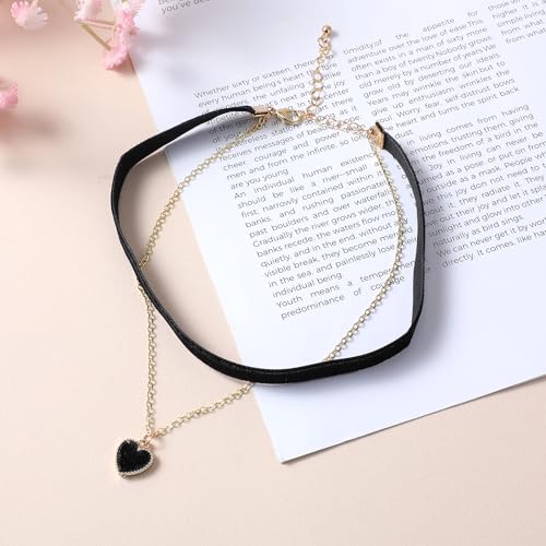 HJZHII Choker Kette Damen,29.5-36.5cm Halsband Damen Schmuck,Choker Halsband Schwarz Rot Samt Halskette Klassische Samt Herz Geschichtet Verstellbare Damen Schmuck für Mädchen Gothic Kette 90er Deko