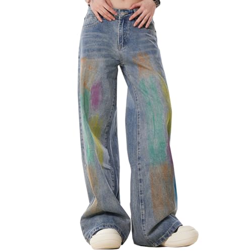 Y2K Fashion High Waist Straight Leg Jeans for Women Colorful Graffiti Streetwear Casual Denim Pants