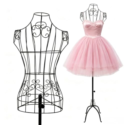 43”-65” Height Adjustable Female Wire Dress Form, Vintage Style Metal Steel Dress Form Maniquine with Stand, Mannequin Torso for Fashion Retail Boutiques, Tailor Shops, Fitting Modeling(Black)