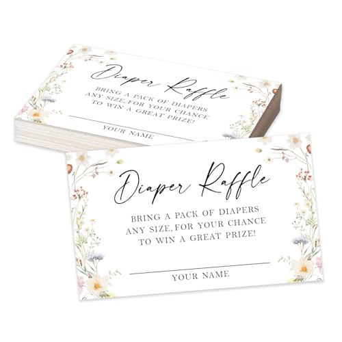 Baby Shower Raffle Tickets 50pcs, 3.5 x 2.1 inch Wildflowers Diapers Tickets, Diaper Raffle Tickets, Gender Reveal Game, Diaper Raffle Invitation Cards for Boys Girls, Baby Shower Game Supplies - A02