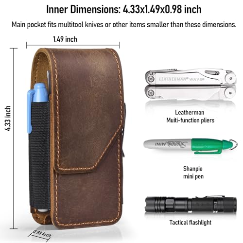 SOGCASE Genuine Leather Multitool Sheath Replacement for Leatherman - Premium EDC Belt Organizer Pouch with Magnetic Closure for Folding Tools, Darkbrown