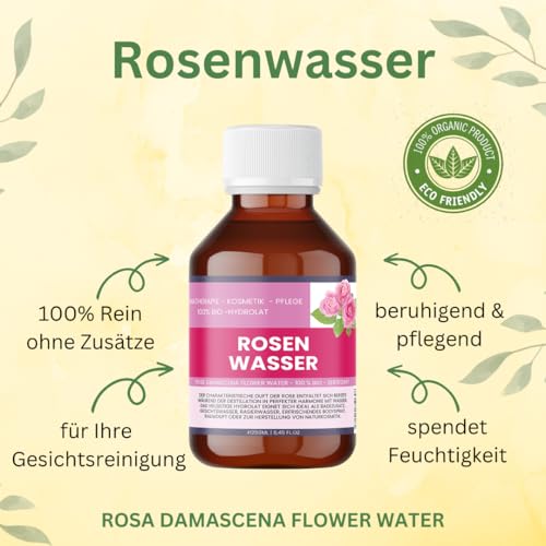 Bio-Rosenwasser 250 ml – 100% Reines Rose Damascena Hydrolat für Gesicht, Haare & DIY-Kosmetik - Organic Rose Water - Nakobe