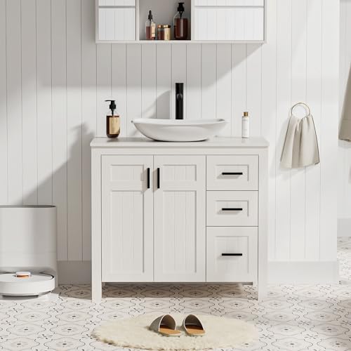 eclife 36' Bathroom Vanity with Sink Combo, Modern Freestanding Cabinet with Soft Closing Grooved Doors and Drawers, Vessel Sink Top, Faucet & Pop Up Drain (White Curved, 36' White)
