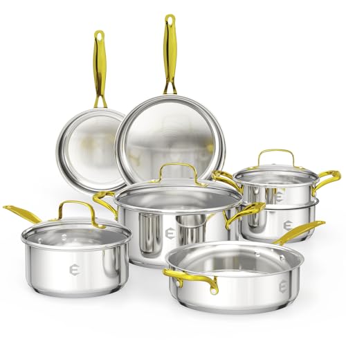 Image of Stainless Steel Cookware Set, Tri-Ply Pots and Pans Set, 20 Piece Kitchen Cooking Utensils Set with Lids, Gold Grip Handles, Induction, Oven, Non-Toxic, Dishwasher Safe, Professional Chef Quality