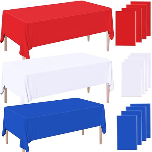 CUUSNNY 12 Pack 4th of July Tablecloths, Red White Blue Disposable Plastic Tablecloth, Rectangular Table Cover for Independence Day Memorial Day Veterans Day Patriotic Decorations, 54 x 108 Inch by CUUSNNY - Used condition - US$18.04