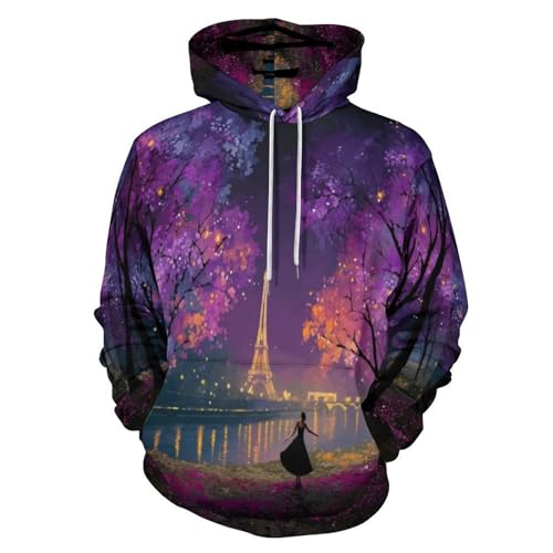 Sweat a capuche homme violet imprimé paysage nuit pull casual oversize automne chic
