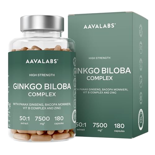 Ginkgo Biloba 7500mg (50:1) + Bacopa Monnieri, Ginseng, Vitamina B y Zinc- Gingko Biloba pastillas para la memoria -180 Ginko Biloba Capsulas -Nootropicos Memoria y Concentracion-Flavonoides de Ginkgo