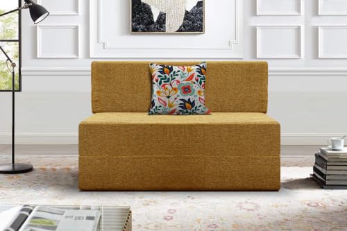 Image of Los Angeles Foldable One Seater Sofa Cum Bed, Sofa Bed 3 X 6 Feet Jute Fabric Washable Cover- Including Cushion Perfect for Living Room - Golden