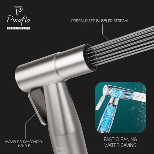 Image of Pixaflo Stainless Steel Health Faucet Set for Bathroom | Heavy Duty Jet Spray with 1.5 Meter Flexible Shower Hose & Wall Hook | Leak Resistant Toilet Spray Gun | Brushed Steel Finish