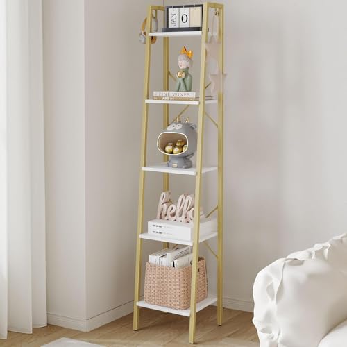 Image of Hzuaneri 5-Tier Ladder Shelf, Narrow Bookshelf, Corner Storage Shelves, Freestanding Bookcase with 2 Hooks for Home Office, Living Room, Kitchen, Bedroom, Industrial, White Gold BC03213G