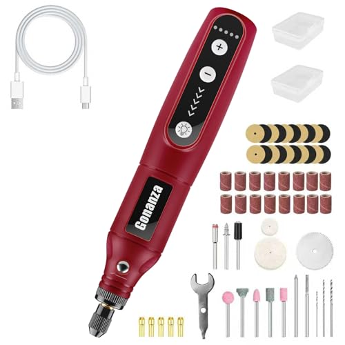 GONANZA Mini kit de herramientas giratorias inalámbricas, 5 velocidades, fuente de alimentación de 3.7 V con luz LED, 62 accesorios para grabar, lijar, pulir, recargable tipo C, perfecto para