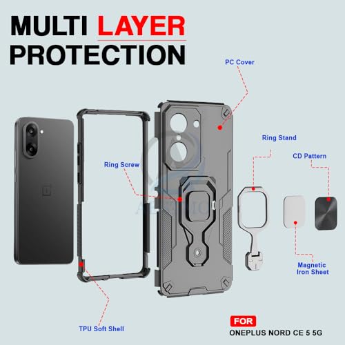 Image of AESTMO Armor Back Cover for OnePlus Nord CE 5 5G | Ring Holder & Kickstand & Camera Protection in-Built | 360 Degree Protection Back Case Cover (Black)