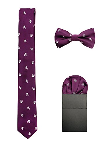 WANYING Hombre 6cm Corbata & Pajaritas & Pañuelo de Bolsillo 3 en 1 Set Moda Casual Cool - Calavera Patrón Morado