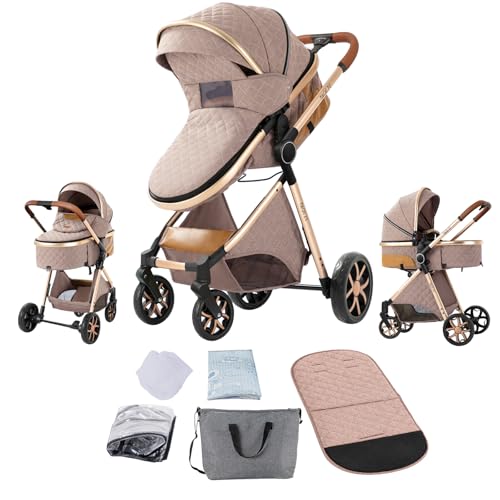 Image of 2 in 1 Baby Stroller with Bassinet, Reversible Newborn Foldable Pram, Infant High Landscape Pushchair, Portable Standard Stroller, Reclining Buggy, Baby Carriage (2USV9-KHAKI)