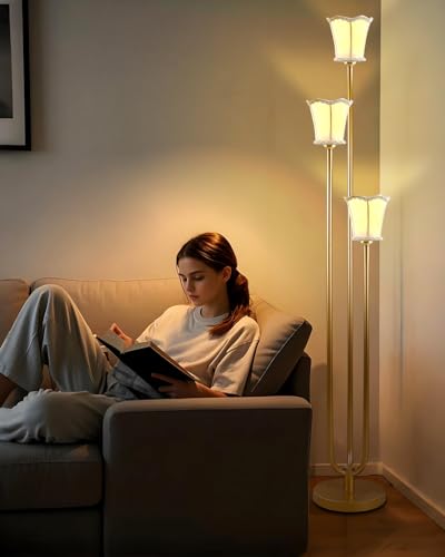 Image of Lightdot 63IN Gold Floor Lamp 3-Lights LED Floor Lamps with 3000K Soft Warm White for Wedding /Party, U-Pole with Fabric Lampshade Modern Tall Lamp for Living Room /Bedroom (Bulbs Included)